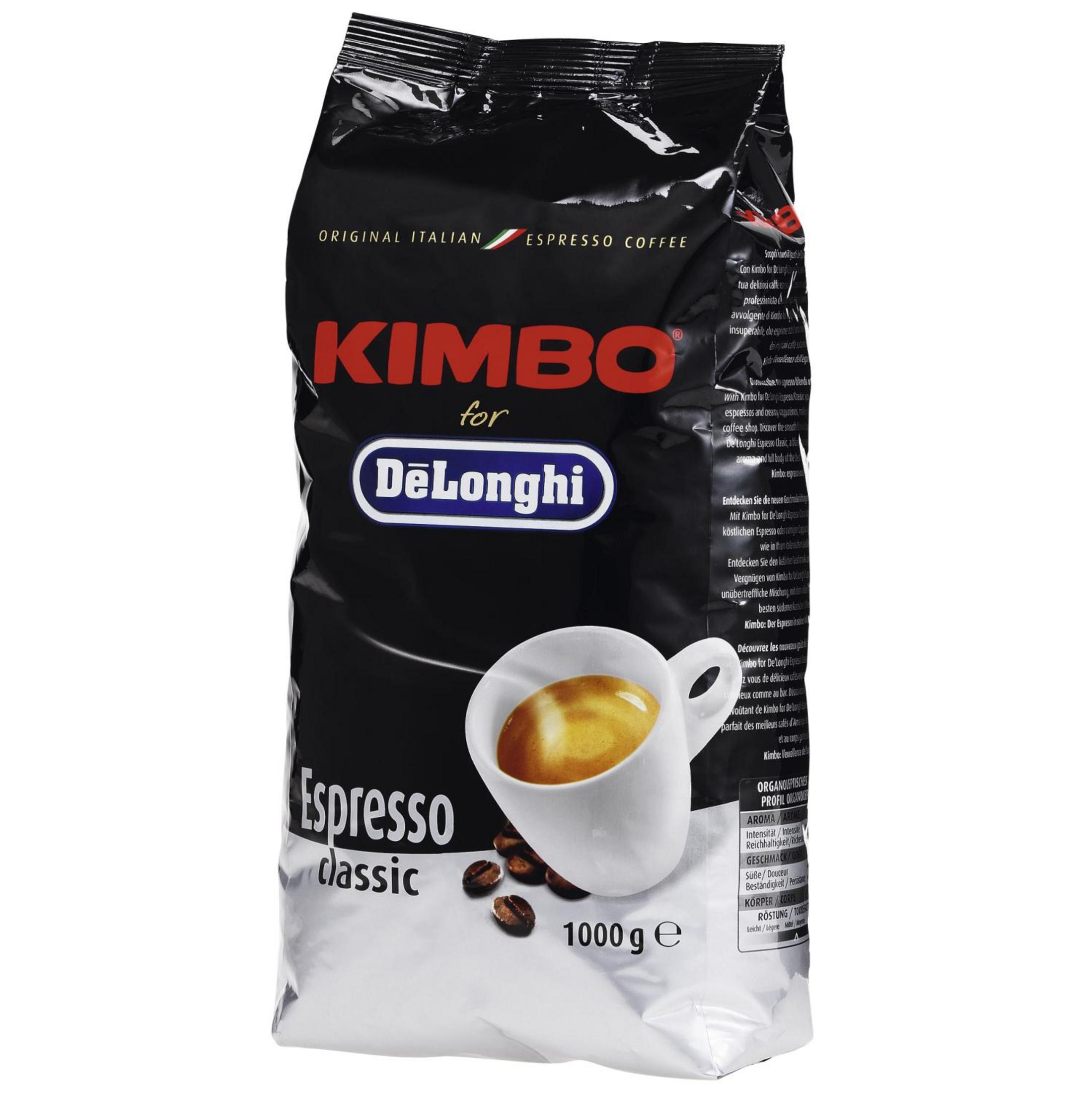 Kimbo Espresso Classic Kaffeepackung mit einer Tasse Espresso und Bohnen.