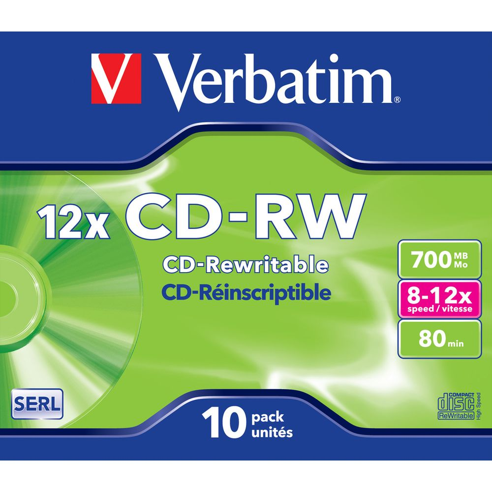 Opakowanie 10x 12x CD-RW: 700MB, prędkość 8-12x, 80 min.