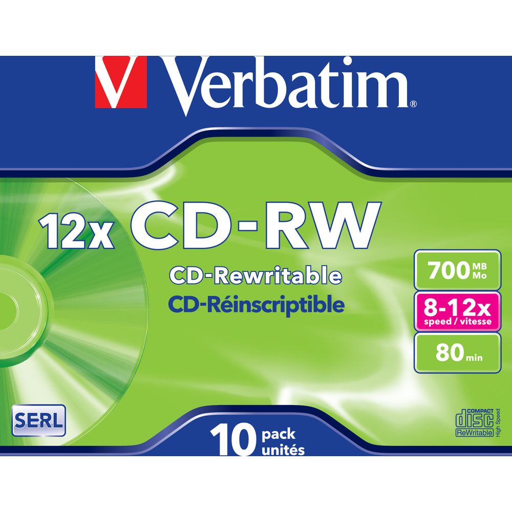 Verbatim 12x CD-RW opakowanie 10 szt.: 700MB, prędkość 8-12x, 80min.