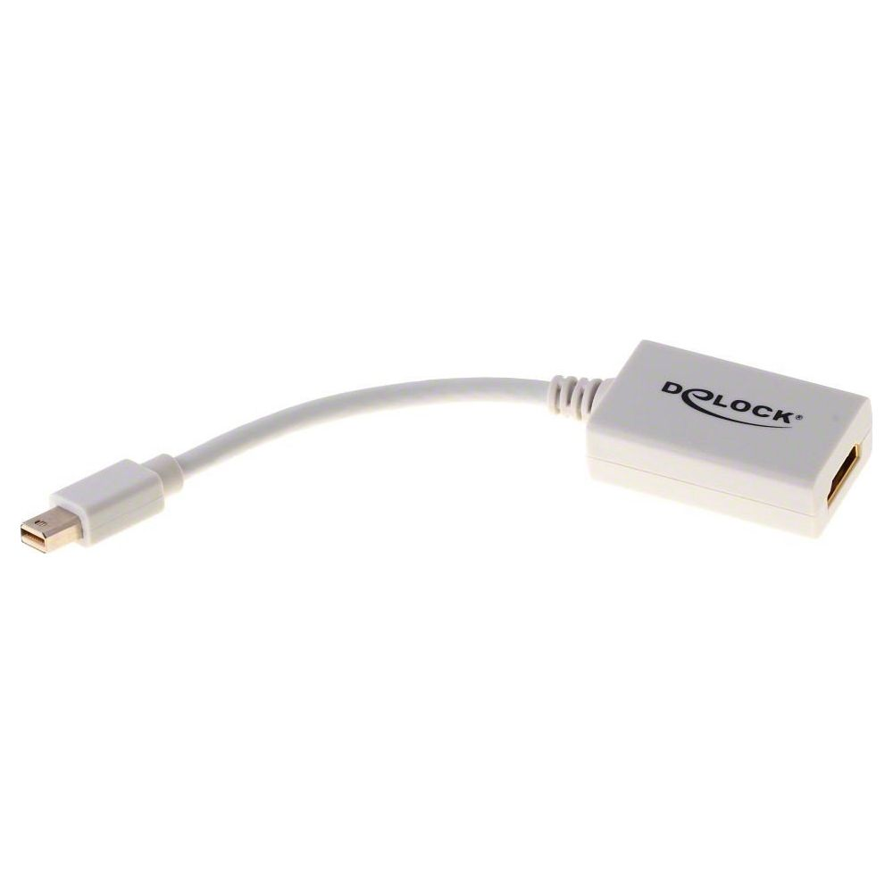 Un adaptador blanco con conector Mini DisplayPort y puerto HDMI.