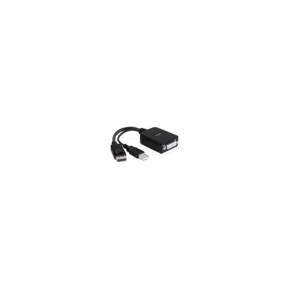 Un adaptador negro con conectores USB-A, USB-C y DVI.