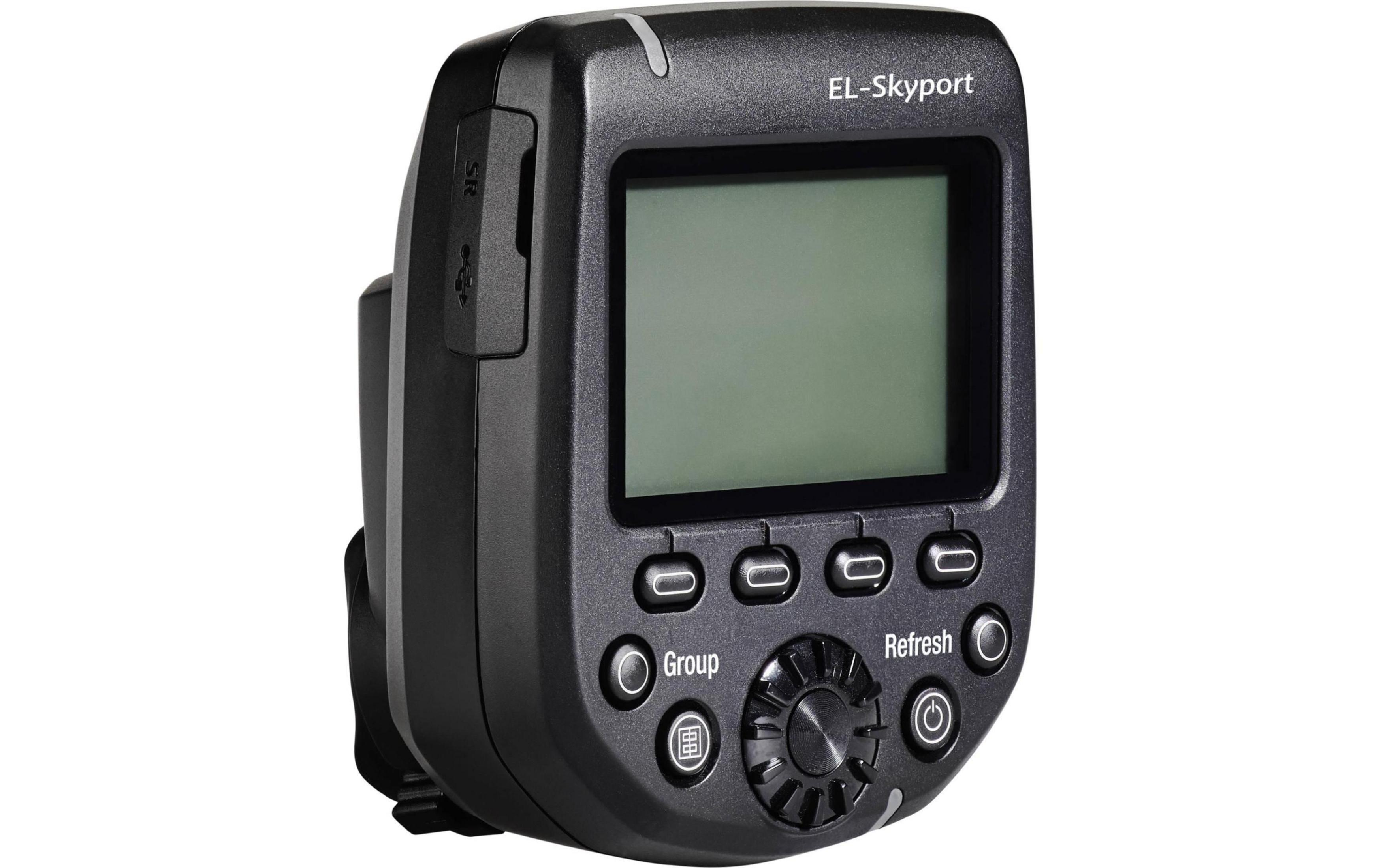 Schwarzer EL-Skyport Sender mit LCD-Bildschirm und Bedienelementen.