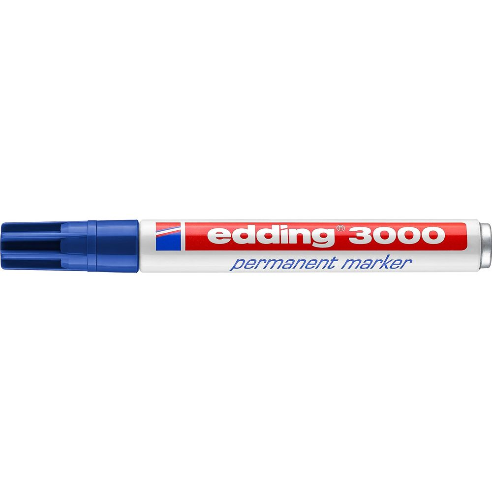 Ein blauer Edding 3000 Permanentmarker liegt auf weißem Hintergrund.