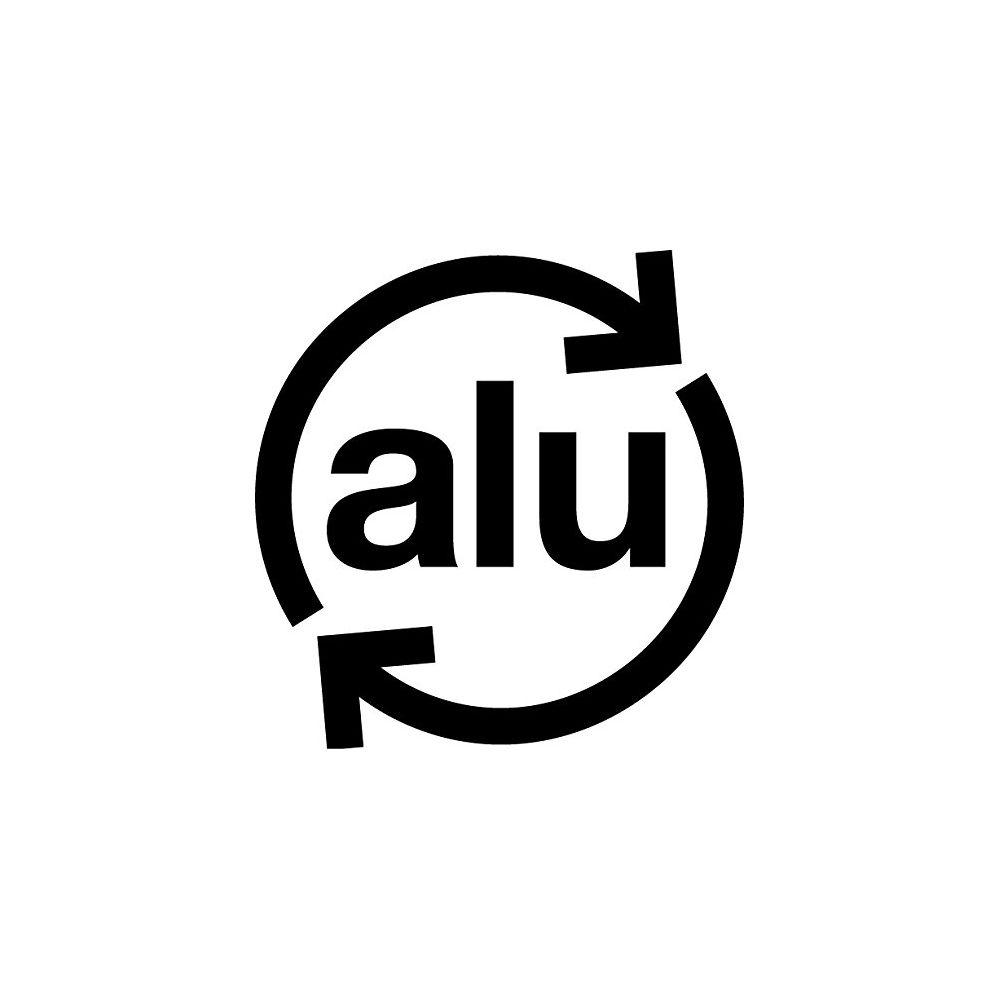 Schwarz-weiße Grafik: Text 'alu' in einem Kreis mit Pfeilen
