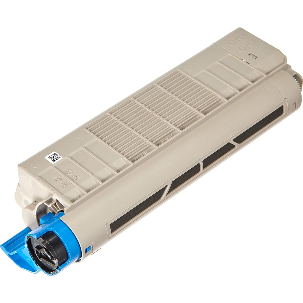 Beżowy wkład tonera do drukarki z niebieskimi i czarnymi detalami.