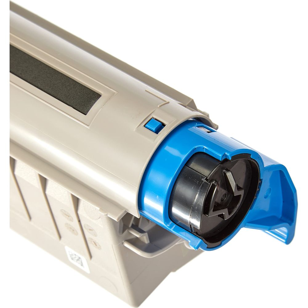 Beżowy i niebieski wkład tonera, skupiony na końcu.