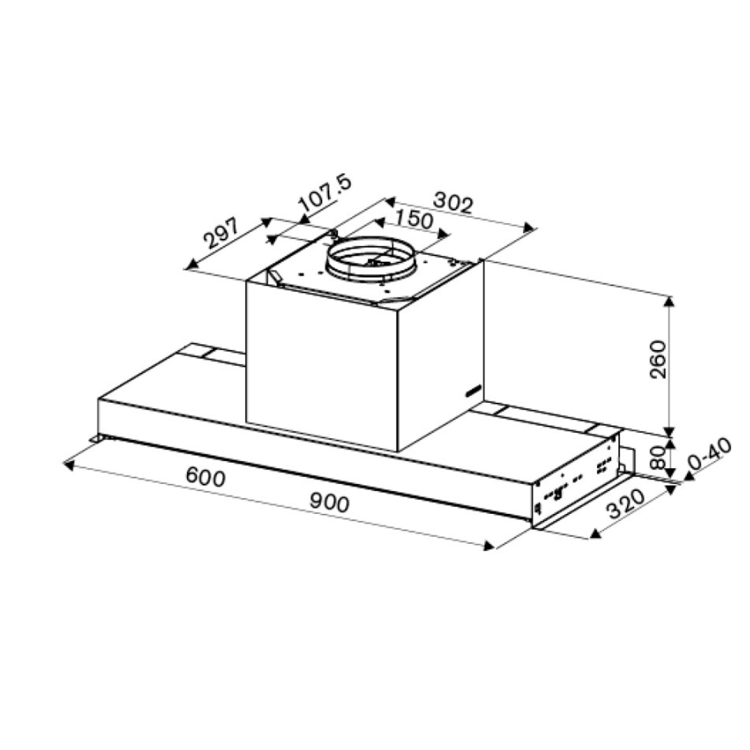 Disegno tecnico di una cappa da cucina con dimensioni.
