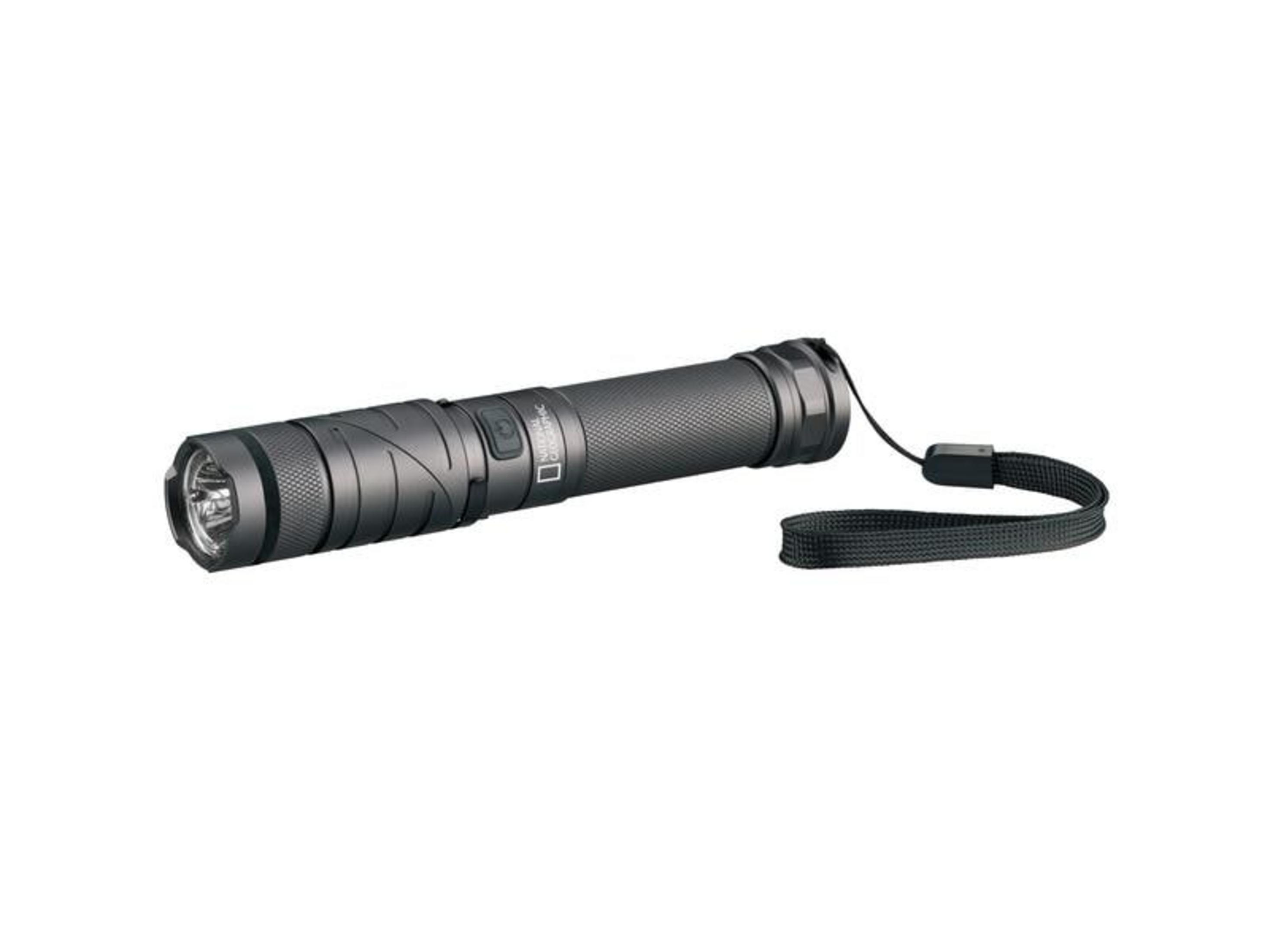Une lampe de poche noire avec cordon et logo National Geographic sur fond blanc.