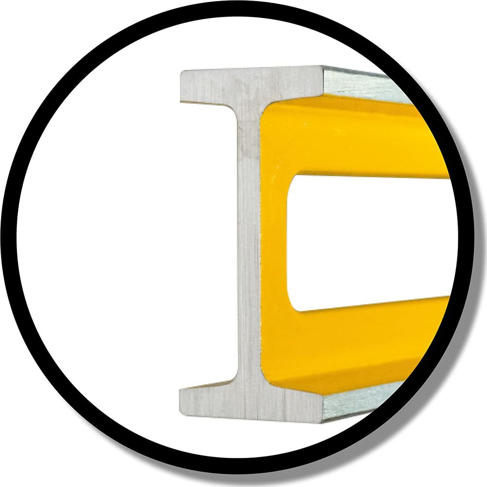 Un profil en I jaune en métal, à l'intérieur d'une bordure circulaire noire.