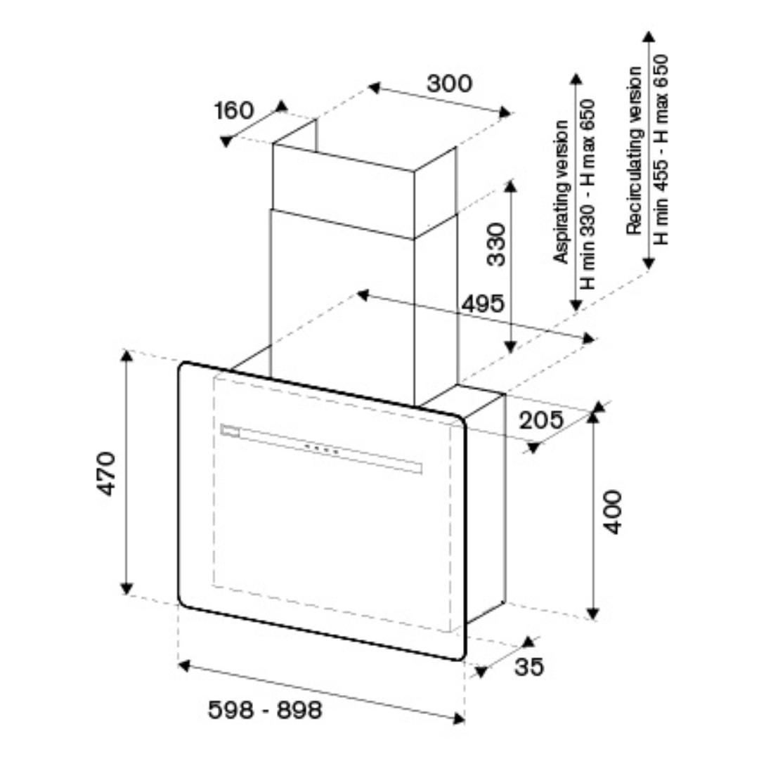 Disegno tecnico di una cappa aspirante con dimensioni in mm.