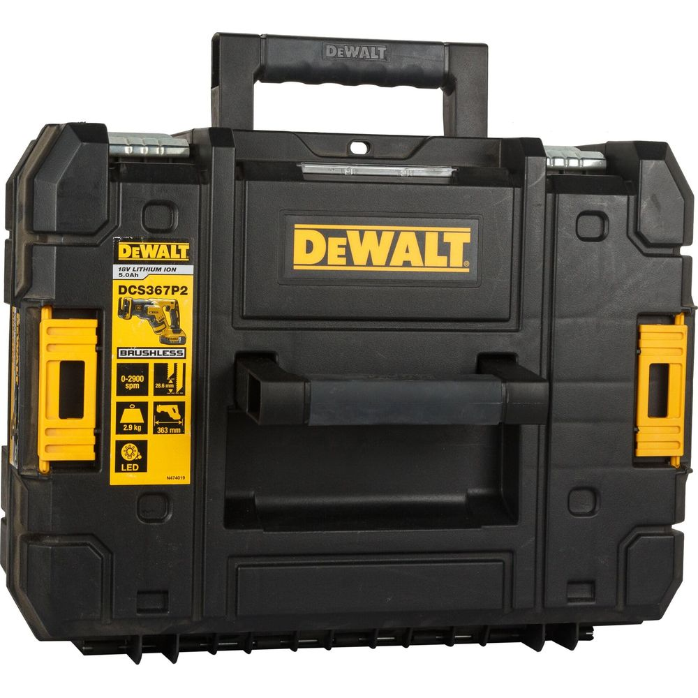 Maletín negro DeWalt con detalles amarillos y marca. Modelo DCS367P2.