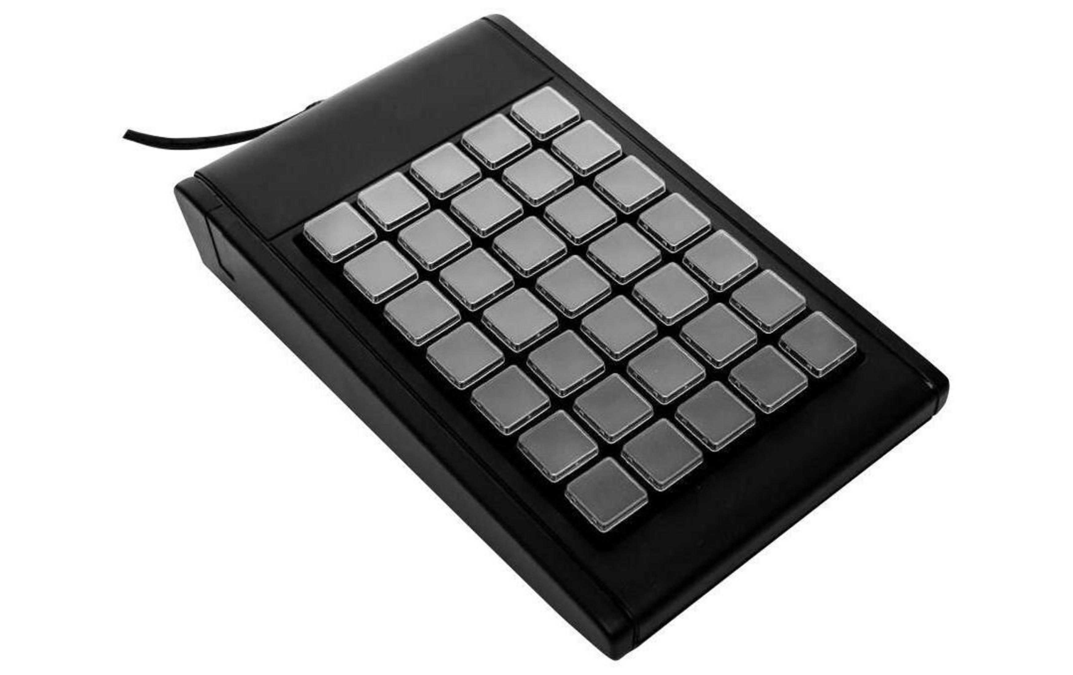 Pannello di controllo nero con 30 pulsanti quadrati grigi e un cavo nero.