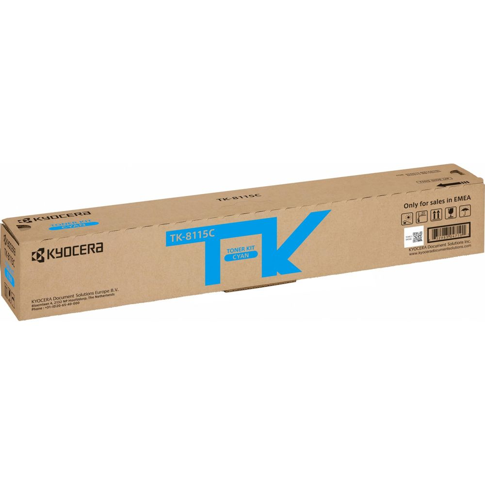 Kit de toner cyan Kyocera TK-8115C en emballage cartonné, pour vente en EMEA.