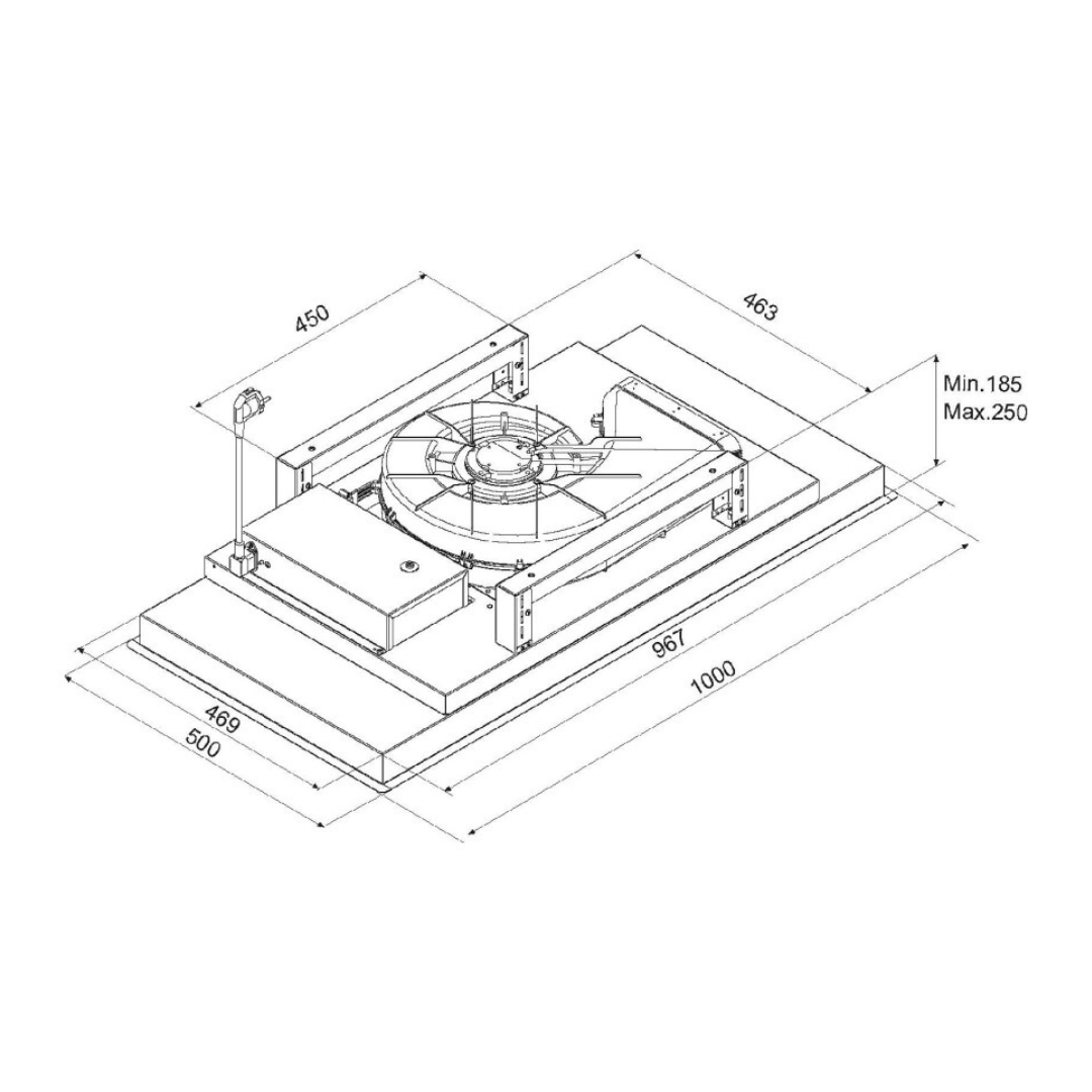 Disegno tecnico di un motore di cappa aspirante con dimensioni e dettagli.