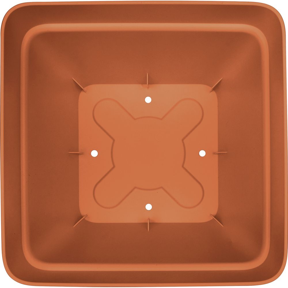 Braune quadratische Pflanzschale mit Entwässerungslöchern und erhabenem Muster.