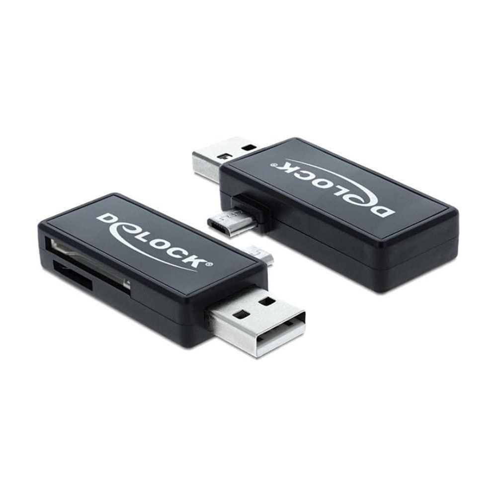 Zwei schwarze Kartenleser mit USB- und Micro-USB-Anschlüssen auf weißem Hintergrund.