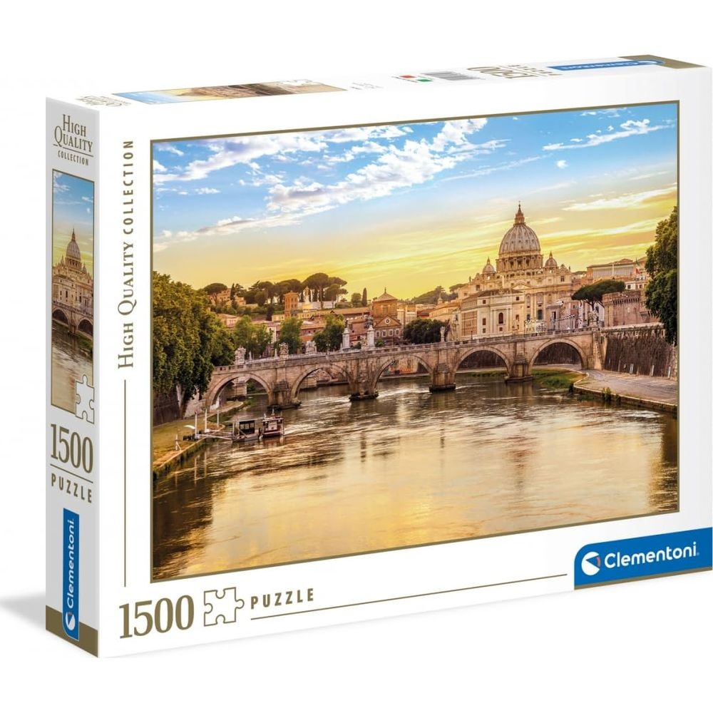 Vatican City skyline with St. Peter's Basilica and Ponte Sant'Angelo bridge at sunset.