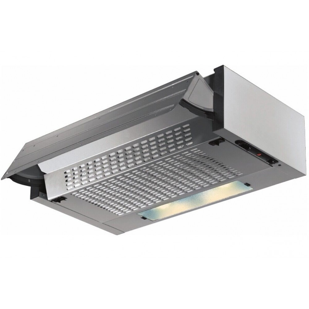 Cappa in acciaio inox con griglia e luce.