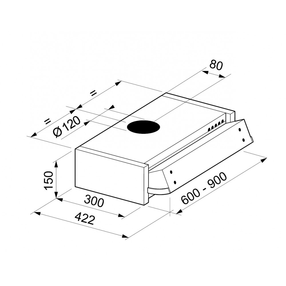 Disegno tecnico di una cappa aspirante con dimensioni come 120mm di diametro.