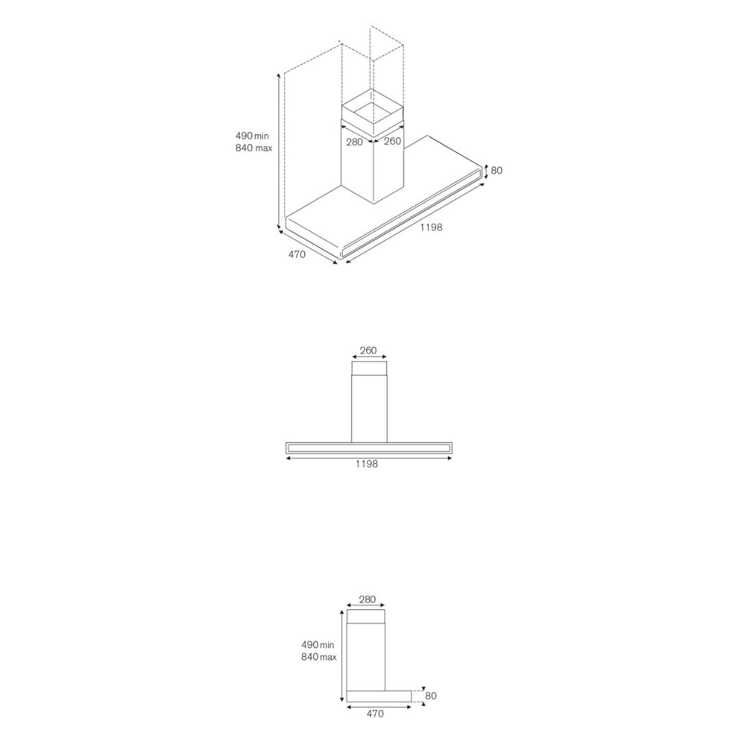 Disegno tecnico di una cappa aspirante con dimensioni in mm.