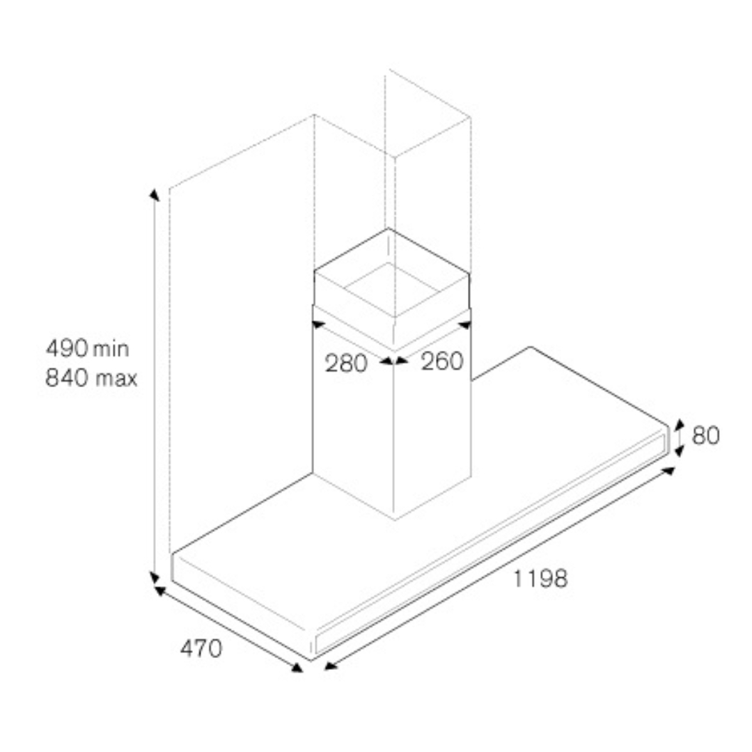 Disegno tecnico di una cappa con dimensioni. Altezza 490-840mm.
