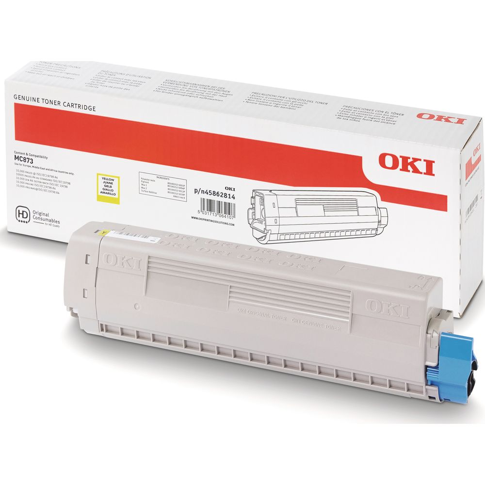 Sarı bir OKI toner kartuşu, MC873 modeli, kutusuyla birlikte. Kutu kırmızı ve siyah vurgularla beyazdır.