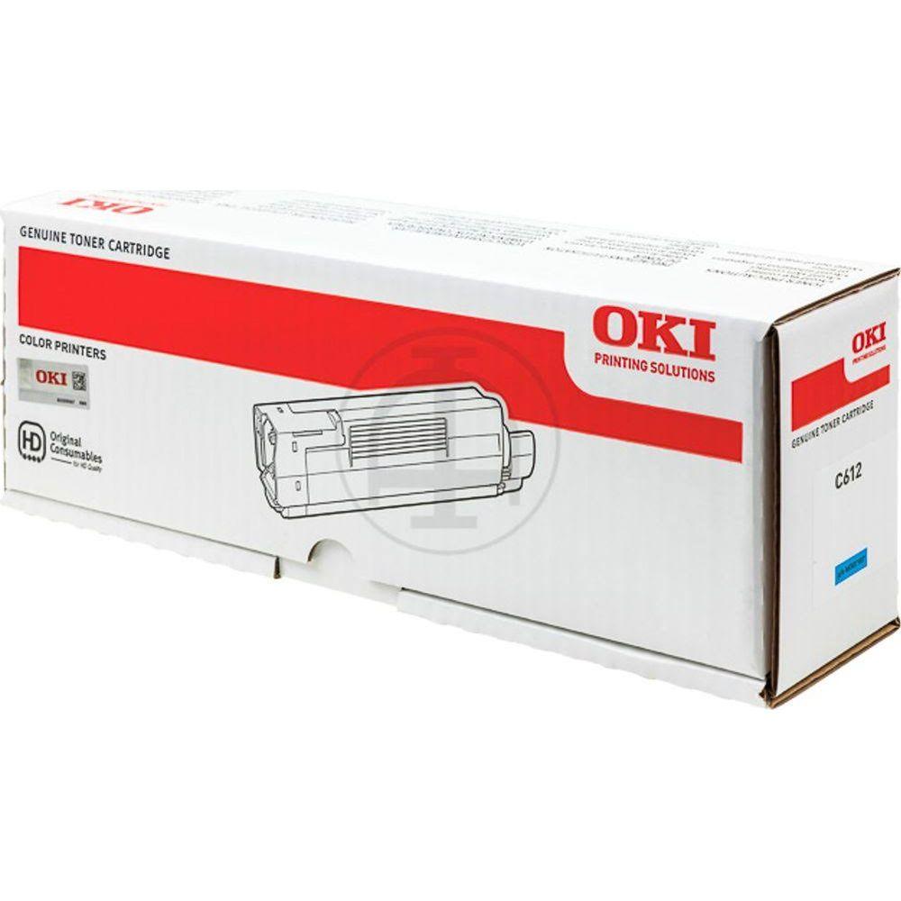Witte OKI toner cartridge doos voor kleurenprinters met rode streep en schematische illustratie.