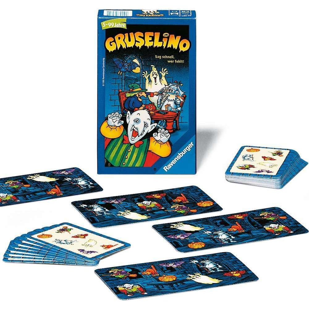 Gruselino Spiel: Box und Spielkarten mit Geistern, Fledermäusen und Vampiren.