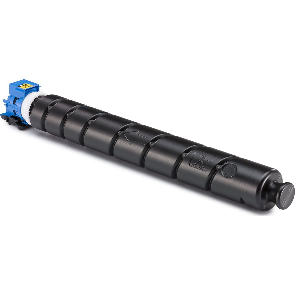 Czarny toner z niebieskim złączem, na białym tle.