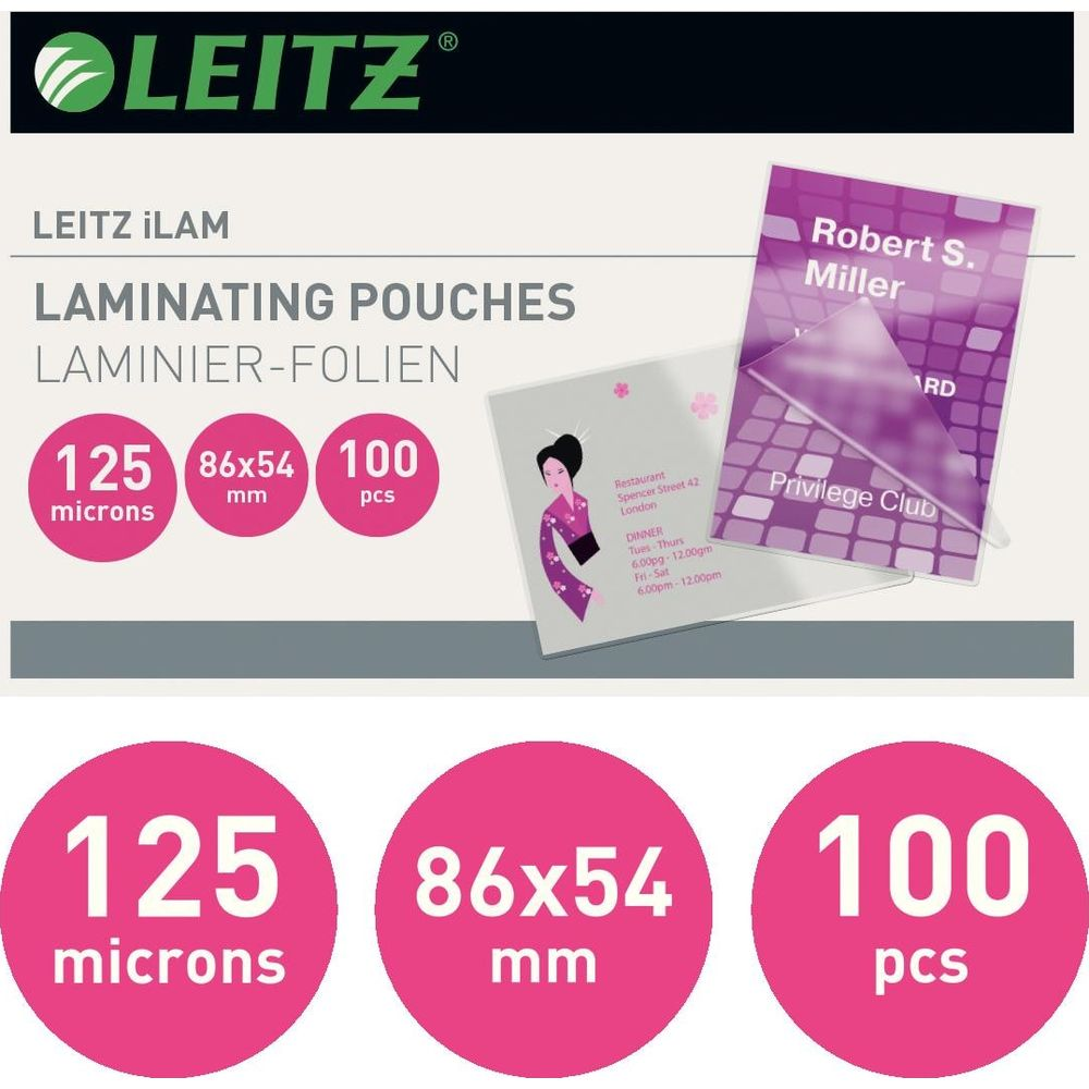 Leitz Laminiertaschen: 125 Mikron, 86x54mm, 100 Stk.