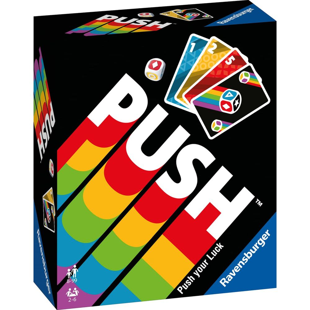 La boîte de jeu présente un fond noir avec le texte "PUSH" et des rayures arc-en-ciel.