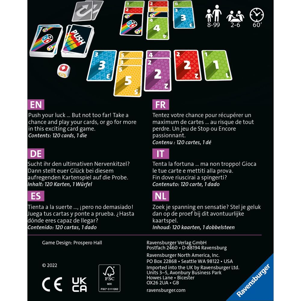 Description du jeu avec cartes, dés, chiffres et texte en allemand, anglais, français et espagnol.
