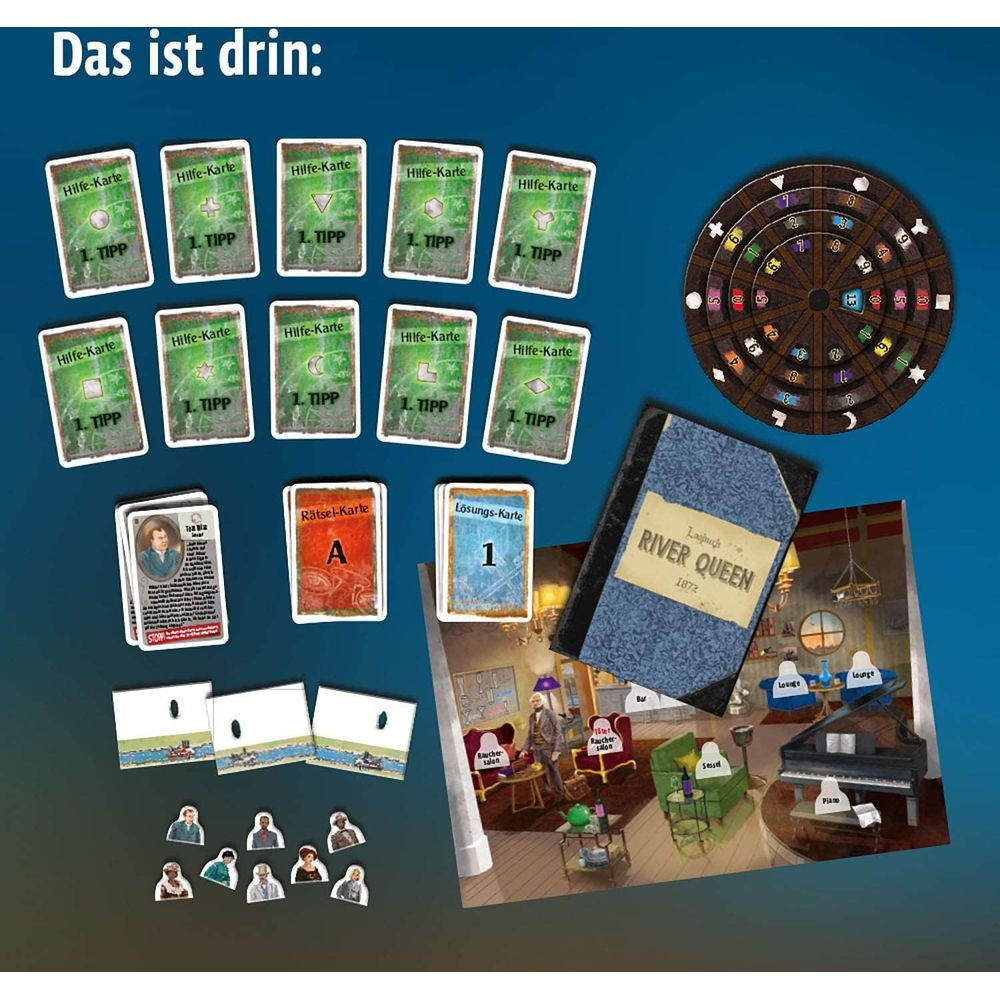 Spielkomponenten: Hilfekarten, Rätsel- und Lösungskarten, Spielfiguren, Dartscheibe, Buch.