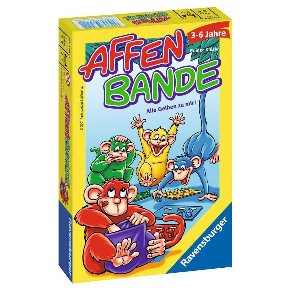 Die Schachtel des Spiels Affenbande zeigt bunte Affen und Spielsteine.