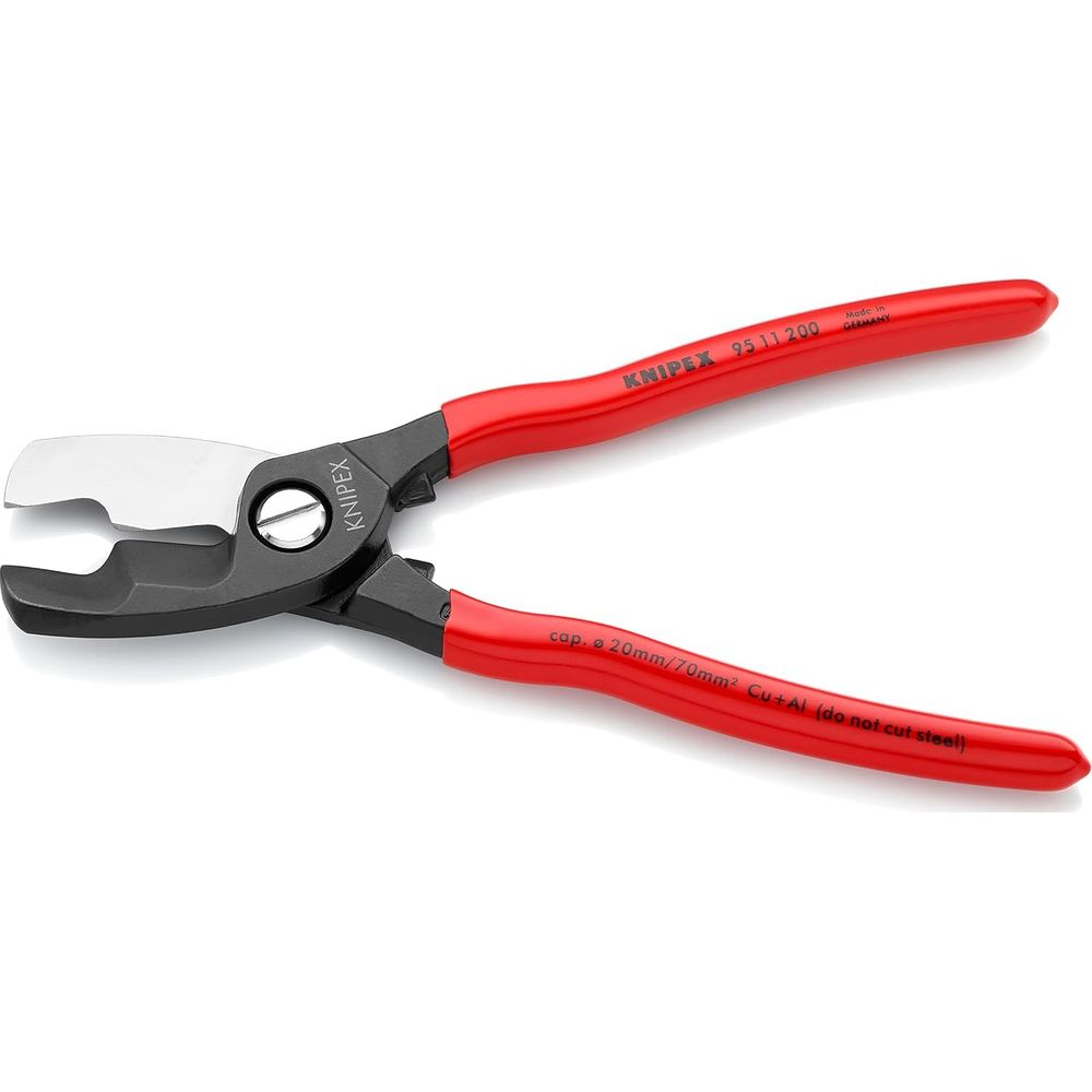 Rote Knipex-Kabelschneider mit schwarzem Kopf und silberner Klinge.
