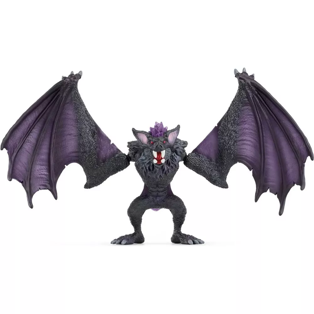 Figura di pipistrello dal pelo scuro con ali viola, bocca spalancata, su sfondo bianco.