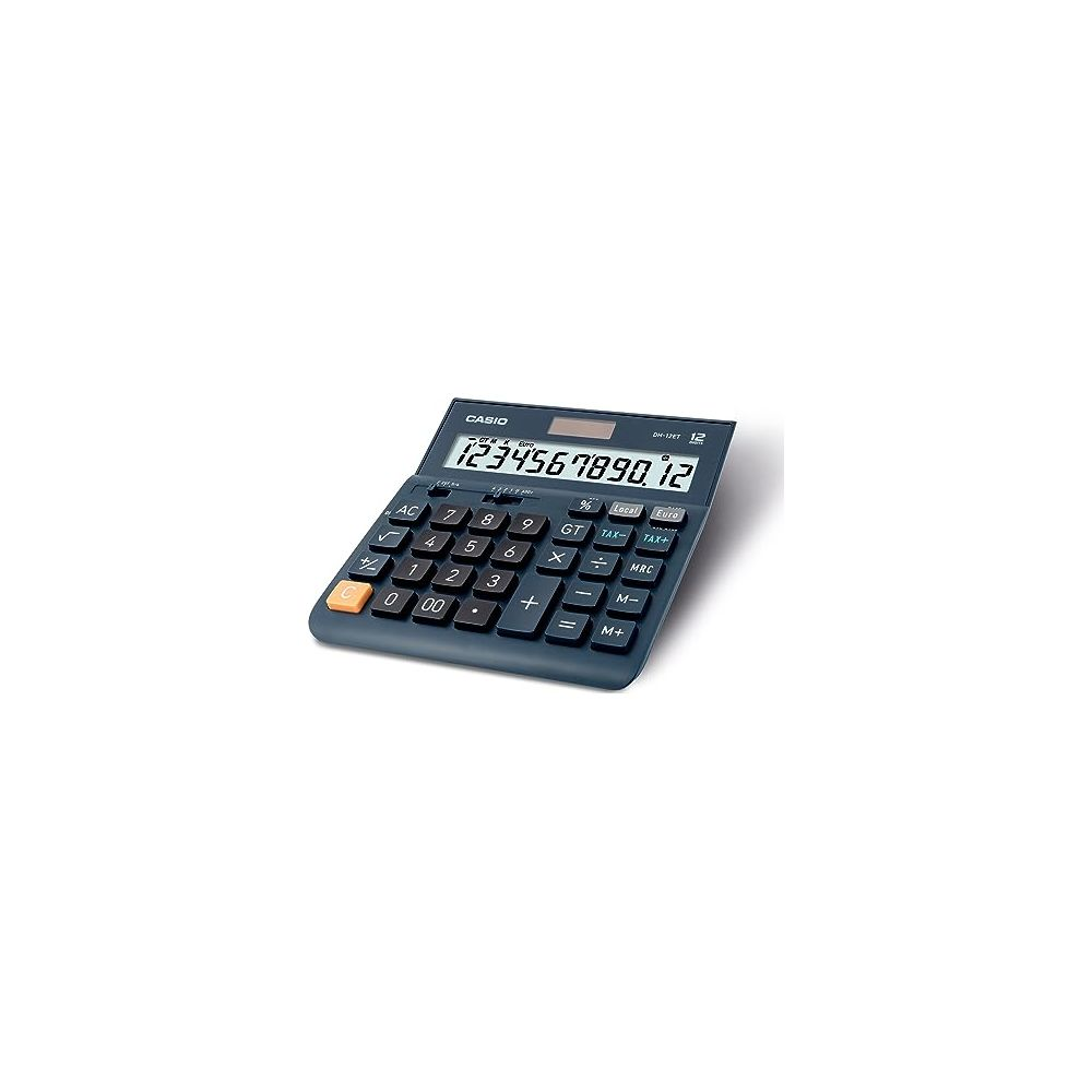 Ciemny kalkulator Casio z cyframi i symbolami na klawiszach.