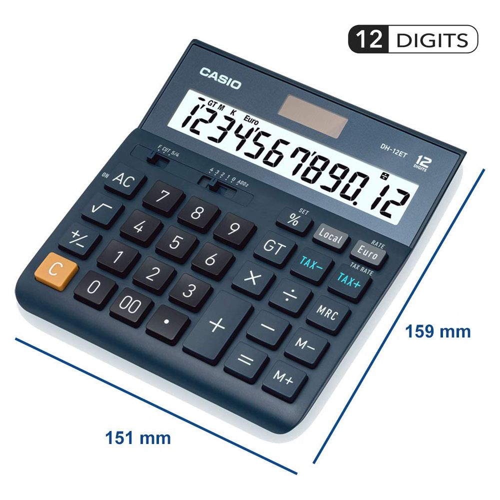 Ciemnoniebieski kalkulator Casio DH-12ET z dużym wyświetlaczem i klawiszami.