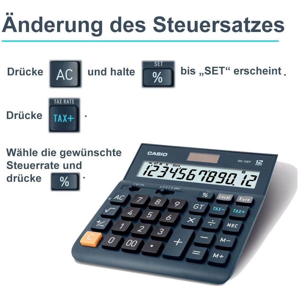 Instrukcje zmiany stawki podatkowej na kalkulatorze Casio pokazujące przyciski AC, SET %, TAX+ i %.