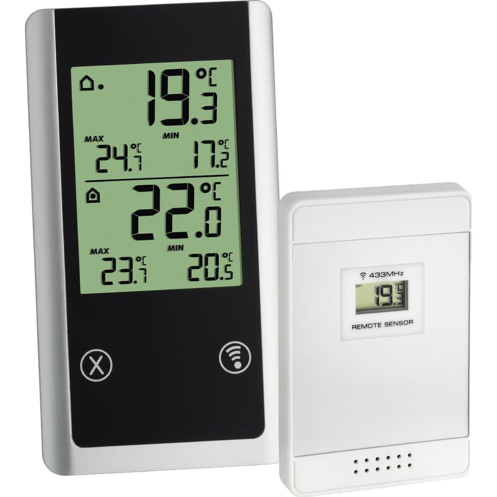 Ein digitaler Thermometer mit einem Hauptgerät und einem separaten Sensor, beide zeigen Temperaturen an.
