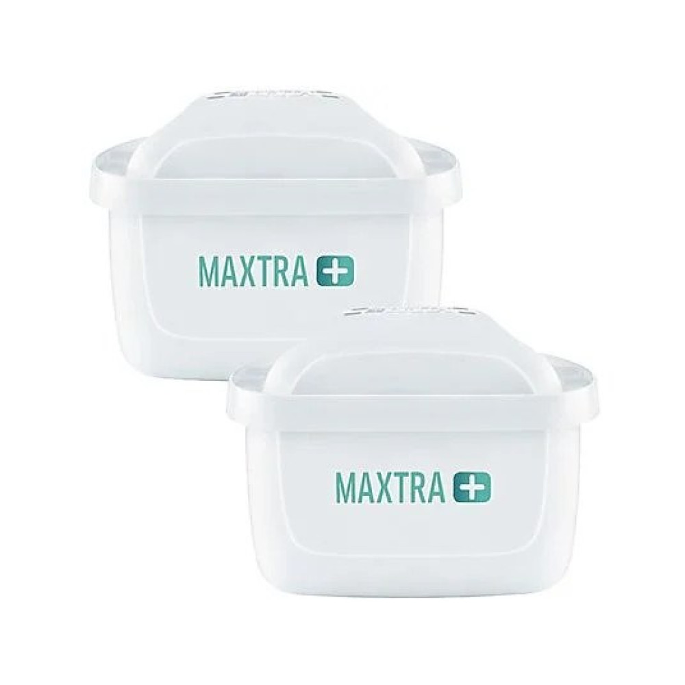 Due cartucce filtro acqua MAXTRA+ bianche su sfondo bianco.