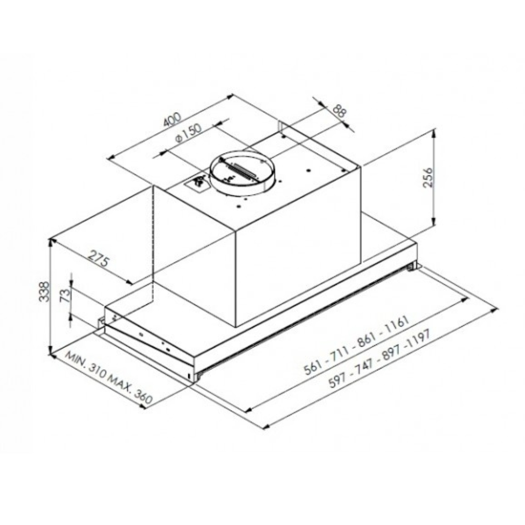 Disegno tecnico di una cappa da cucina con dimensioni e specifiche.