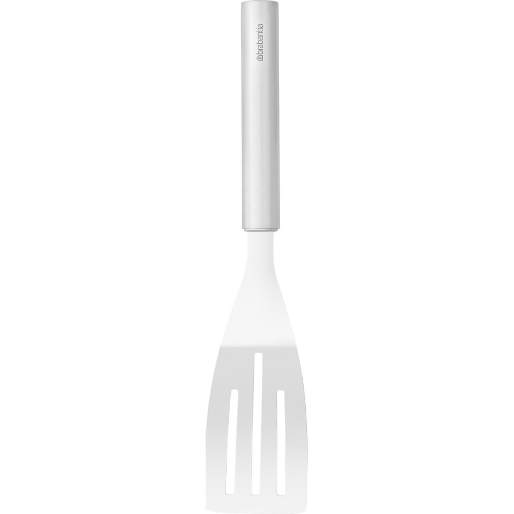Una spatola bianca scanalata con manico metallico e logo Brabantia.