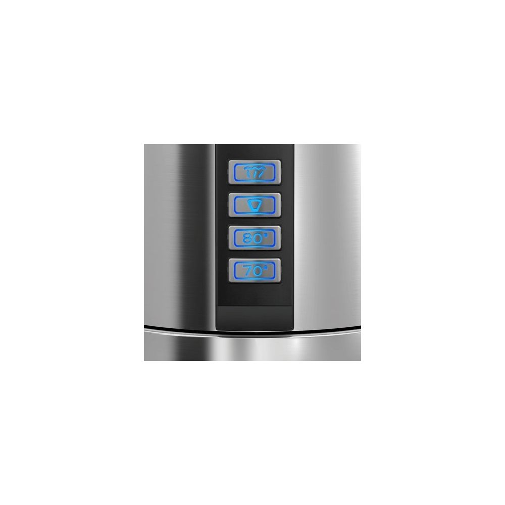 Ein silberner Wasserkocher mit blauen digitalen Temperaturanzeigen: 70, 80, 90, 100 Grad.