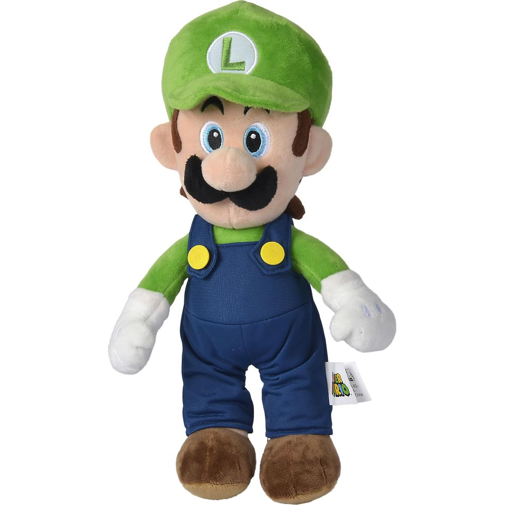 Plüschfigur von Luigi mit grüner Mütze, blauer Latzhose und braunen Schuhen.