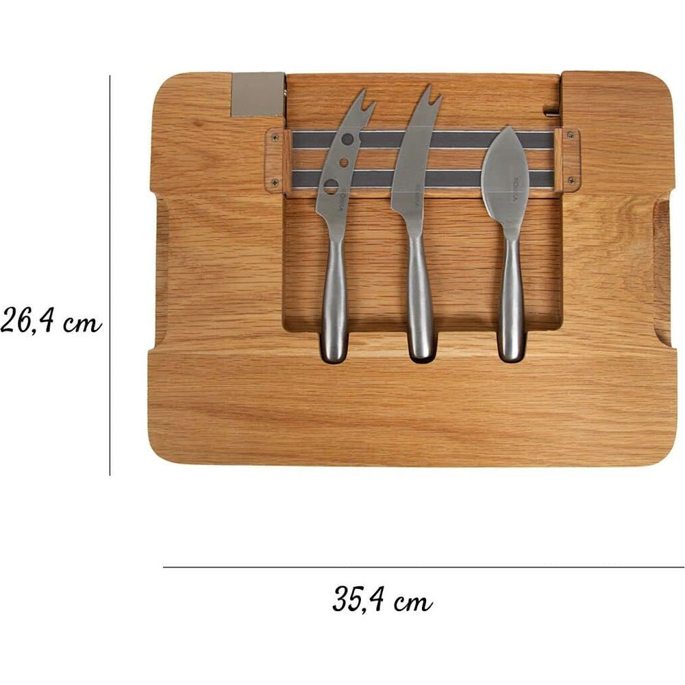Wooden cheese board with three silver cheese knives. Dimensions shown: 26.4 cm and 35.4 cm.