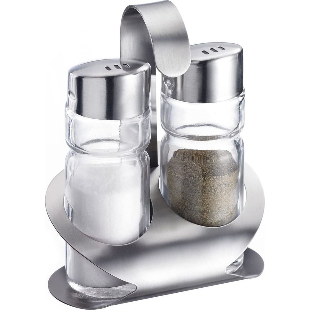 Salz- und Pfefferstreuer aus Glas mit silbernem Metalldrücker und Basis.