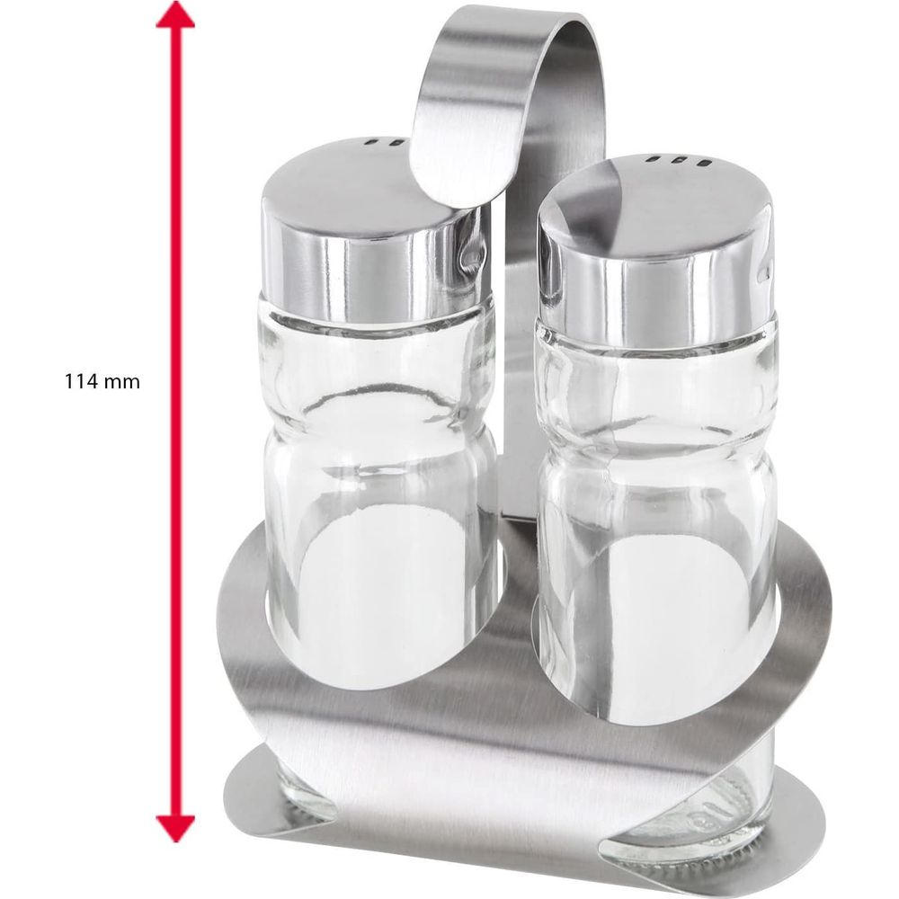 Ein Salz- und Pfefferstreuer-Set aus Edelstahl mit Glasbehältern auf einem Ständer.