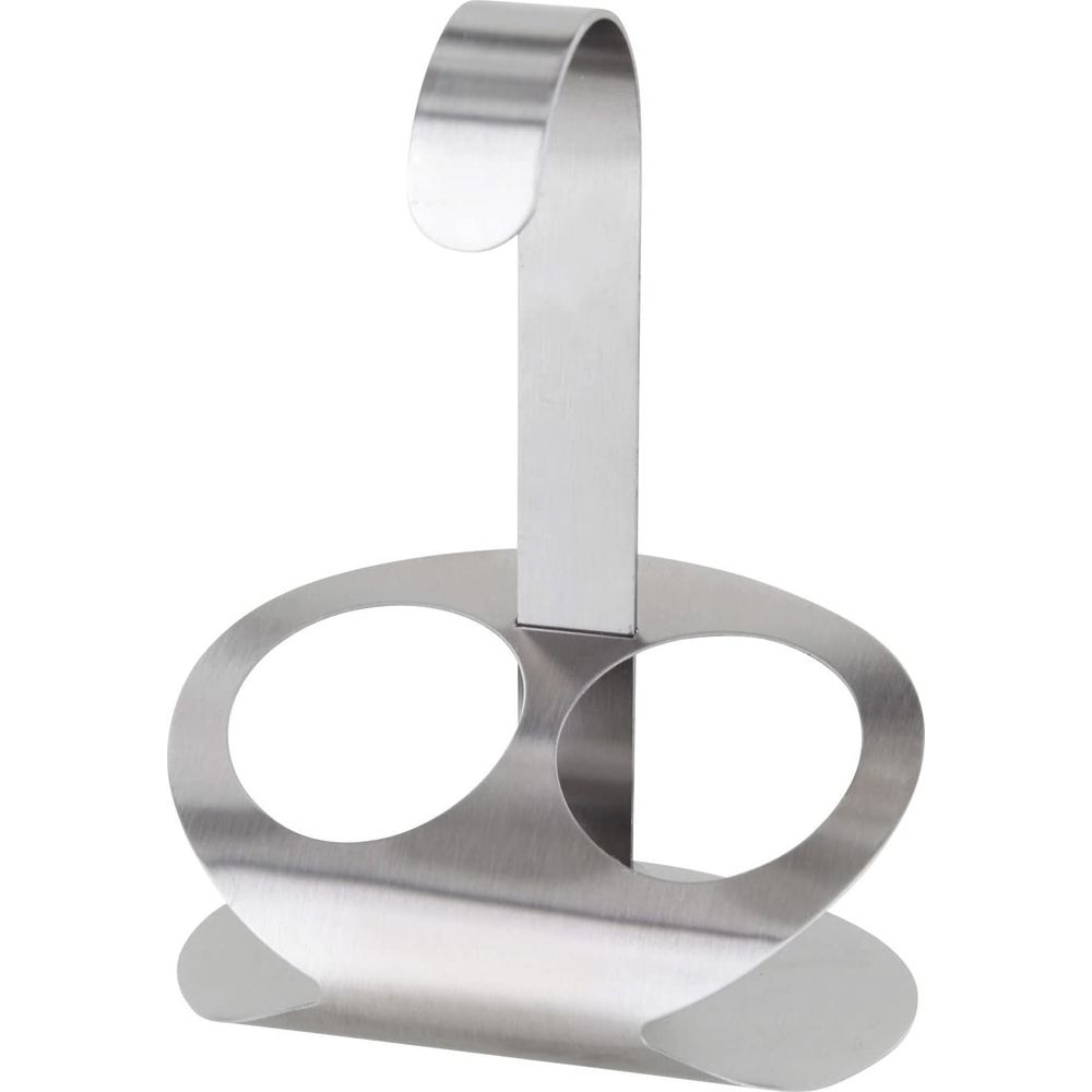 Ein silberner Haken aus Metall mit zwei ovalen Aussparungen für Gläser.