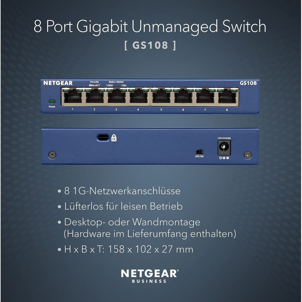 Niebieski przełącznik Netgear Gigabit 8-portowy pokazujący porty i specyfikacje.
